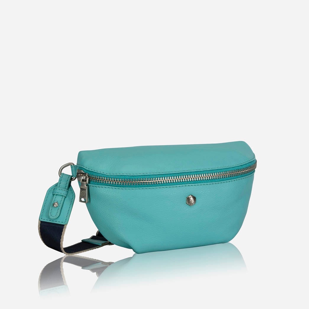 Slim Ladies Leather Waist Bag, Blue Beetle