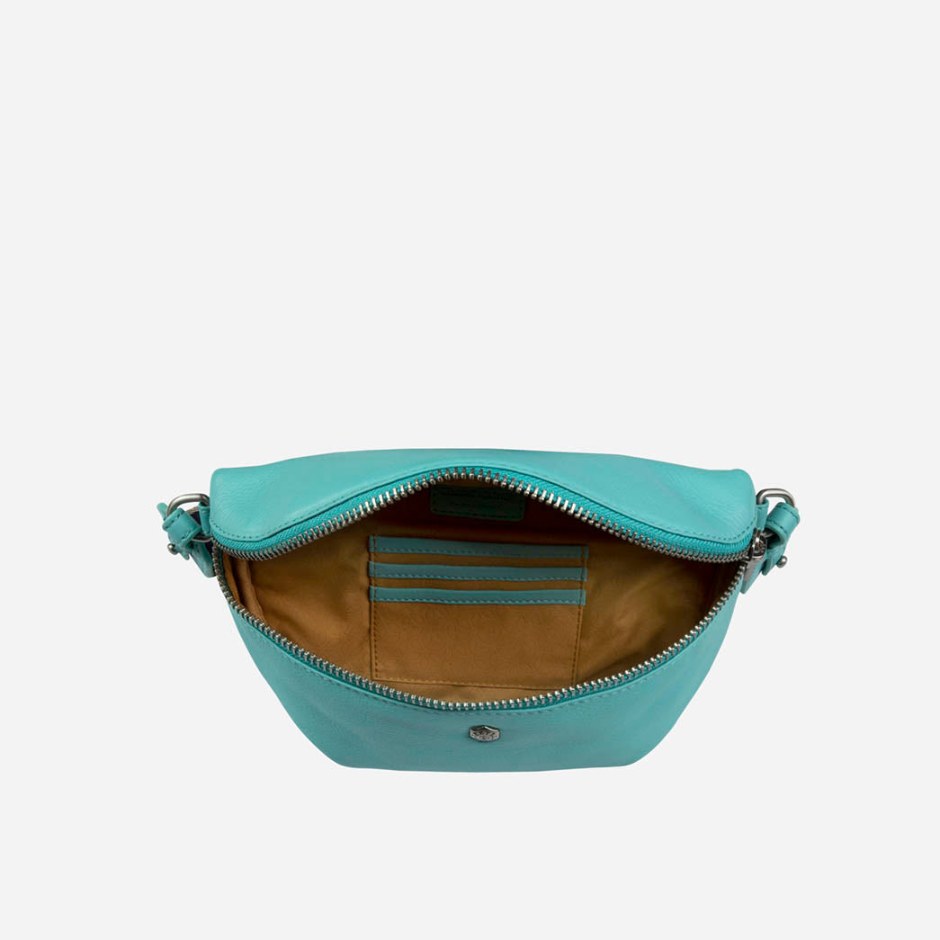 Slim Ladies Leather Waist Bag, Blue Beetle