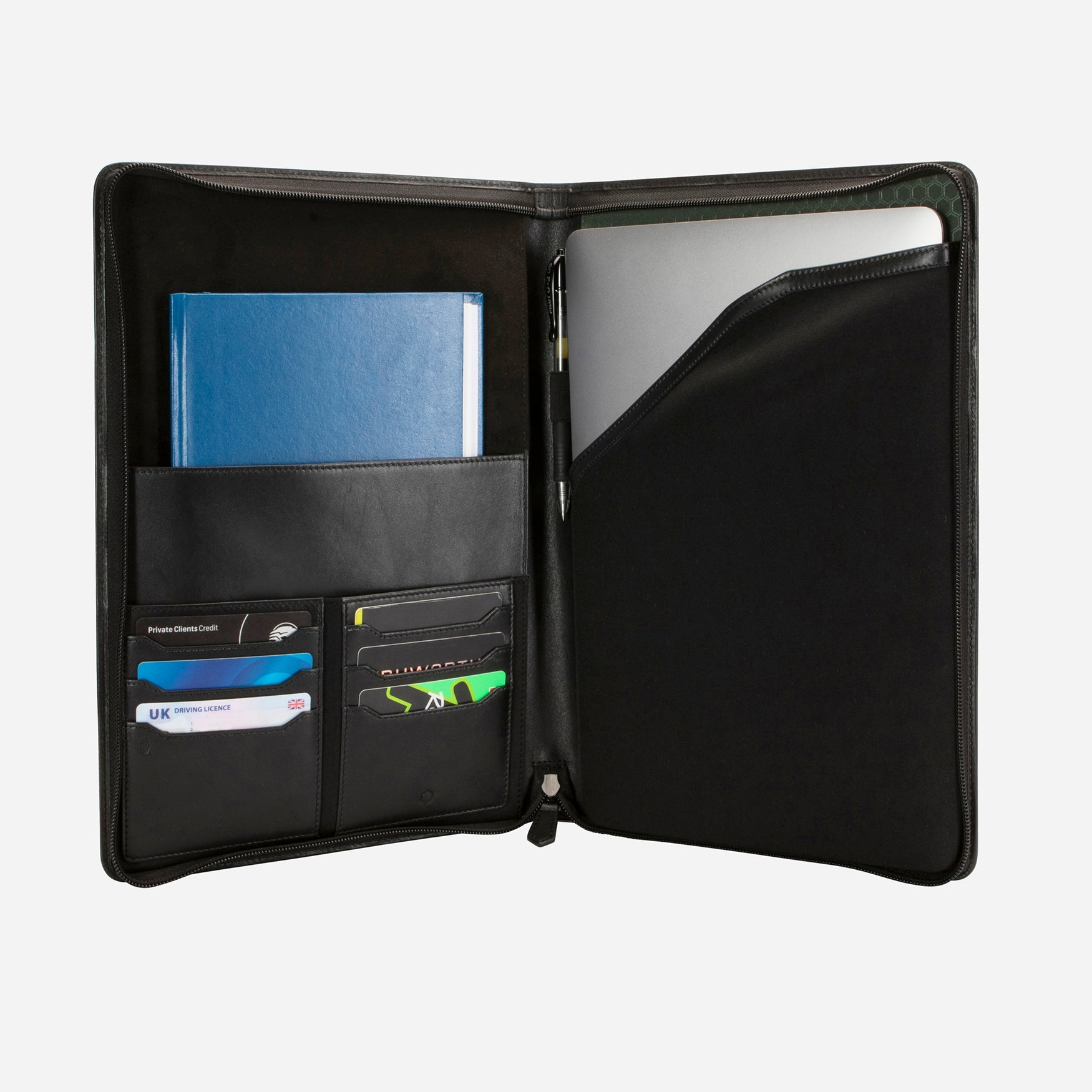 A4 Zip Around Folder,A4 folder,Jekyll & Hide,Black,  inside view with laptop