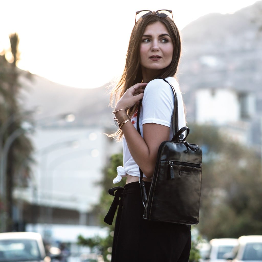 Ladies Slim Backpack, Tobacco,Backpacks,Jekyll & Hide,Tobacco, carried by model