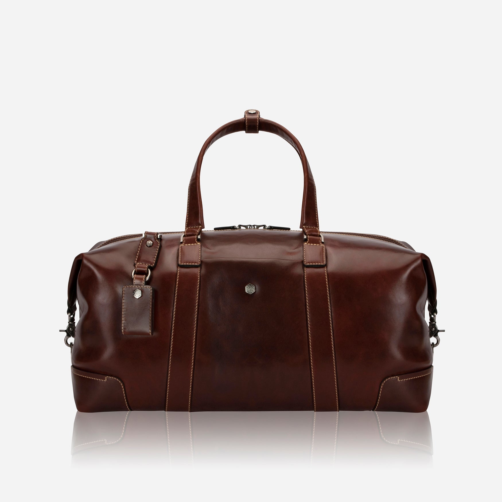 Large 50cm cabin holdall in mocha leather by Jekyll & Hide, front view.