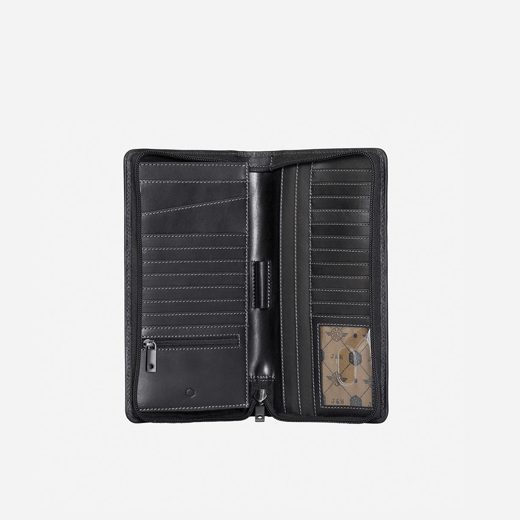 Large zip-around travel and passport organiser in black leather by Jekyll & Hide, inside view