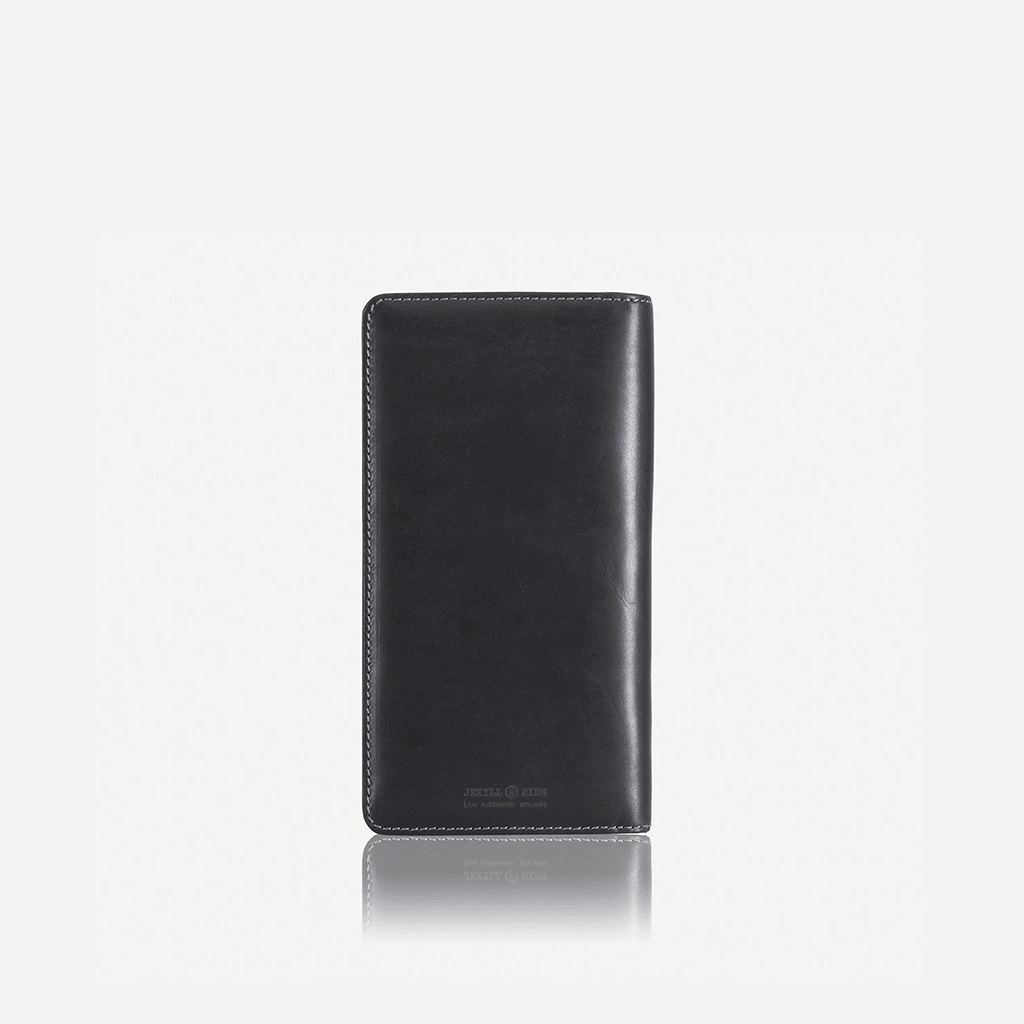 Large zip-around travel and passport organiser in black leather by Jekyll & Hide, back view