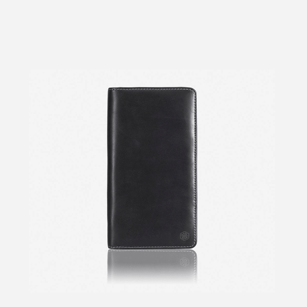 Large zip-around travel and passport organiser in black leather by Jekyll & Hide, front view