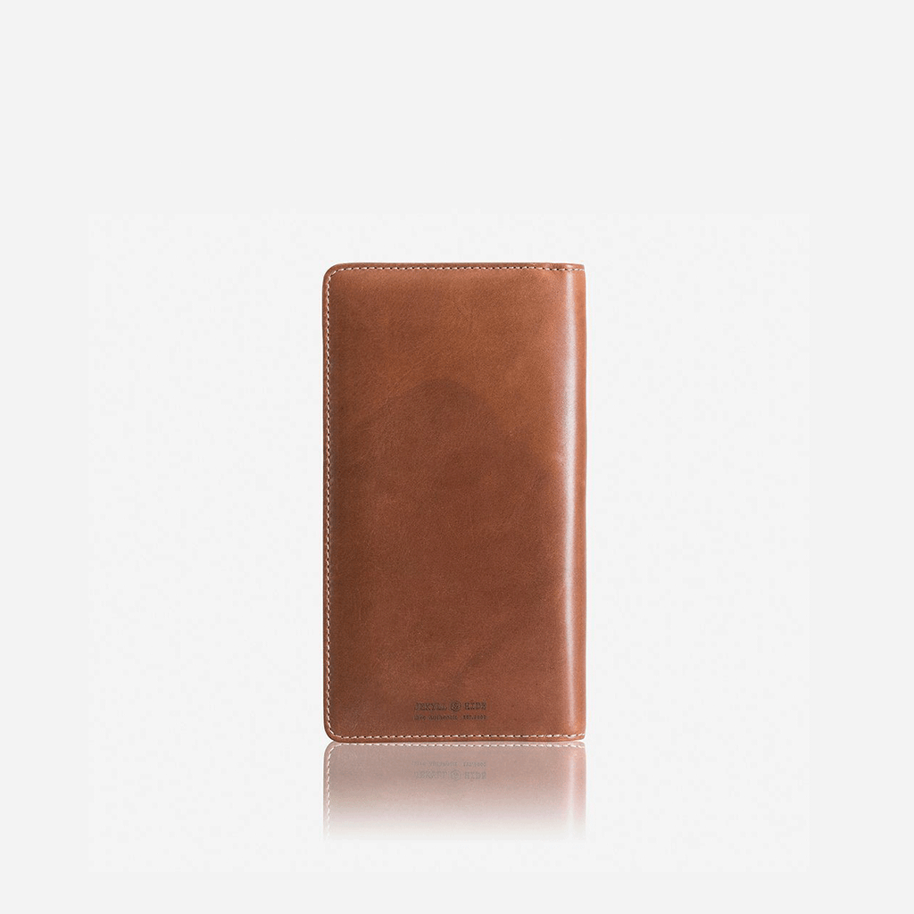 Large zip-around travel and passport organiser in clay leather by Jekyll & Hide, back view