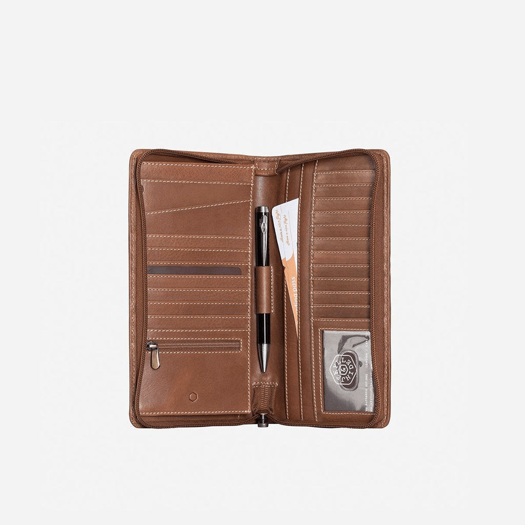 Large zip-around travel and passport organiser in clay leather by Jekyll & Hide, inside view