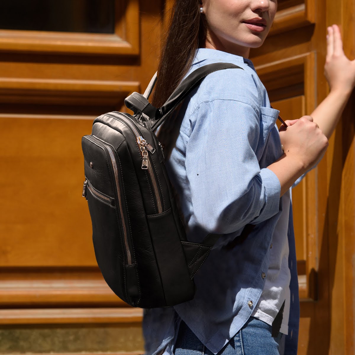 Madrid Laptop Backpack,Backpack,Jekyll & Hide,Black, being carried on a models back